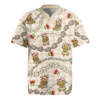Beige Palaka Hawaii Mele Kalikimaka Rugby Jersey Ohia Lehua Shell Leis Funny Gingerbread Santa - Polynesian Pride