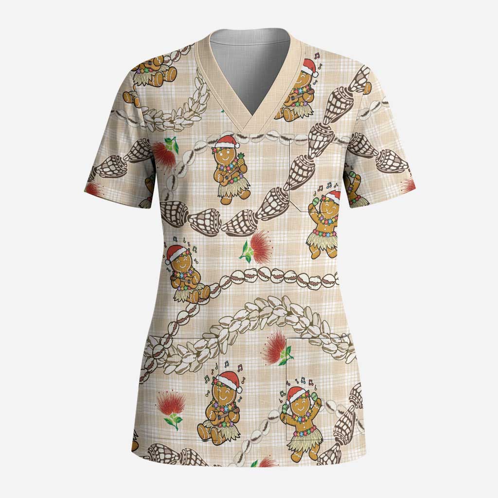 Beige Palaka Hawaii Mele Kalikimaka Scrub Top Ohia Lehua Shell Leis Funny Gingerbread Santa LT14 Adult Beige - Polynesian Pride