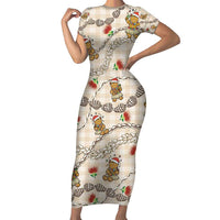 Beige Palaka Hawaii Mele Kalikimaka Short Sleeve Bodycon Dress Ohia Lehua Shell Leis Funny Gingerbread Santa - Polynesian Pride