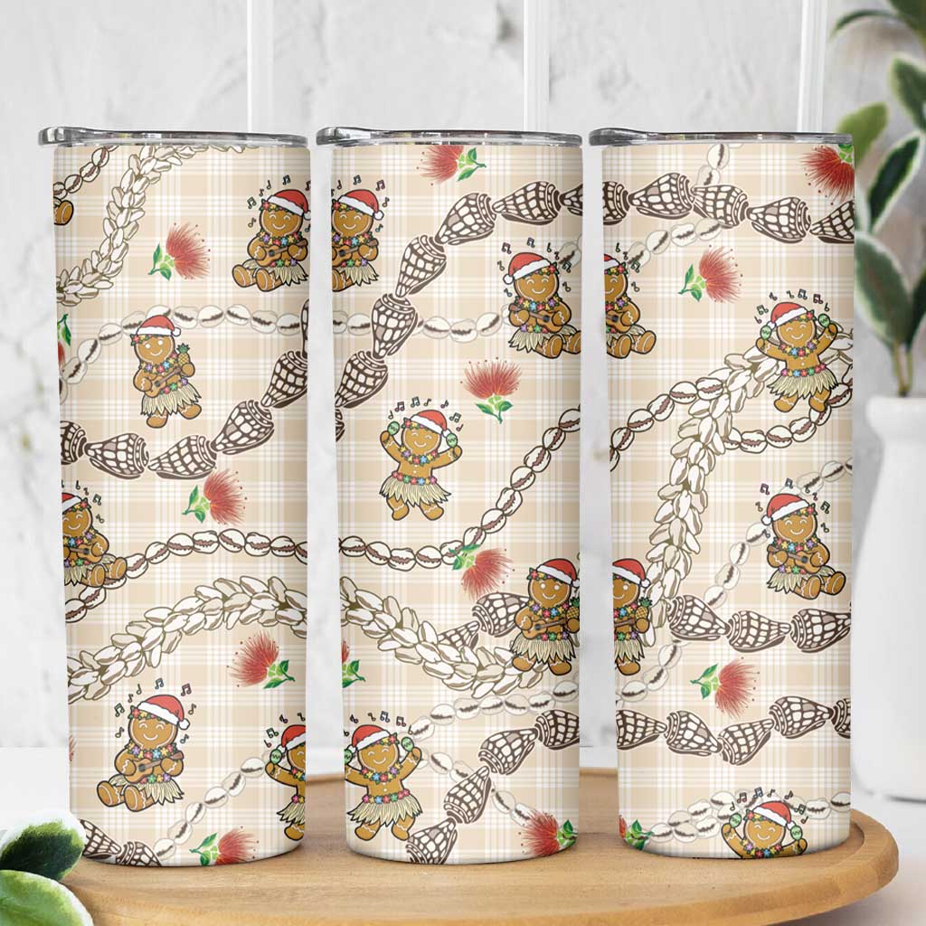 Beige Palaka Hawaii Mele Kalikimaka Skinny Tumbler Ohia Lehua Shell Leis Funny Gingerbread Santa - Polynesian Pride