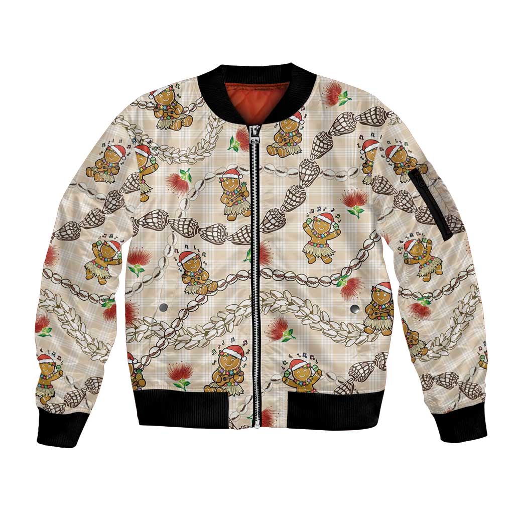 Beige Palaka Hawaii Mele Kalikimaka Sleeve Zip Bomber Jacket Ohia Lehua Shell Leis Funny Gingerbread Santa LT14 Unisex Beige - Polynesian Pride