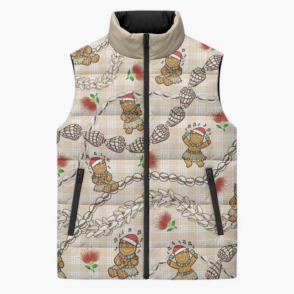 Beige Palaka Hawaii Mele Kalikimaka Sleeveless Puffer Jacket Ohia Lehua Shell Leis Funny Gingerbread Santa LT14 Unisex Beige - Polynesian Pride