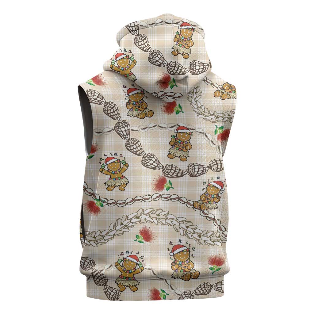 Beige Palaka Hawaii Mele Kalikimaka Sleeveless Zip Hoodie Ohia Lehua Shell Leis Funny Gingerbread Santa - Polynesian Pride