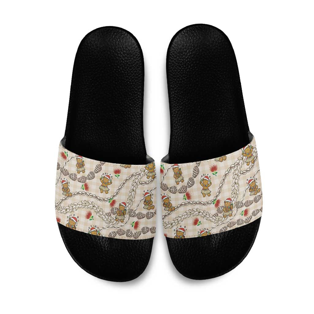 Beige Palaka Hawaii Mele Kalikimaka Slide Sandals Ohia Lehua Shell Leis Funny Gingerbread Santa LT14 Beige - Polynesian Pride