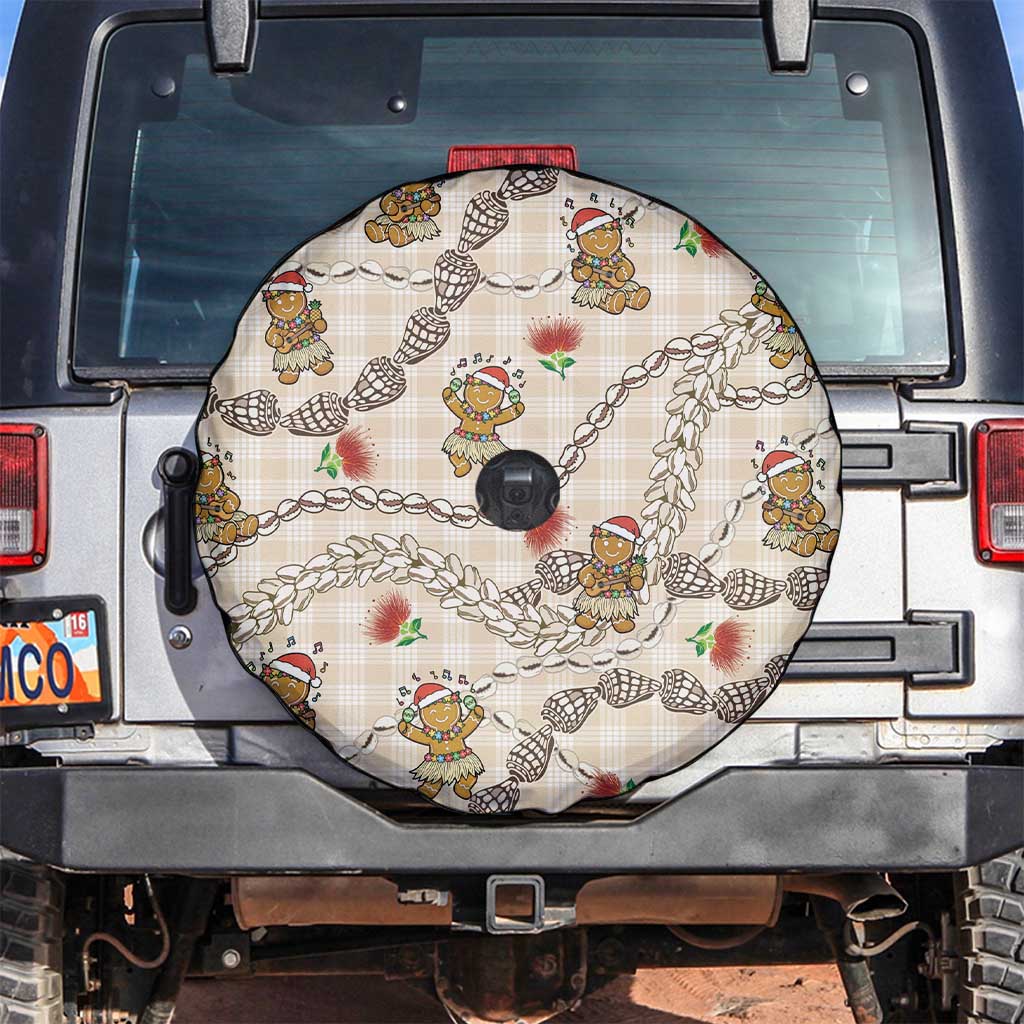 Beige Palaka Hawaii Mele Kalikimaka Spare Tire Cover Ohia Lehua Shell Leis Funny Gingerbread Santa - Polynesian Pride