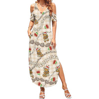 Beige Palaka Hawaii Mele Kalikimaka Summer Maxi Dress Ohia Lehua Shell Leis Funny Gingerbread Santa - Polynesian Pride