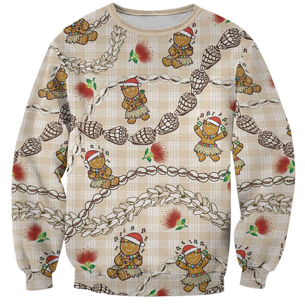 Beige Palaka Hawaii Mele Kalikimaka Sweatshirt Ohia Lehua Shell Leis Funny Gingerbread Santa LT14 Unisex Beige - Polynesian Pride
