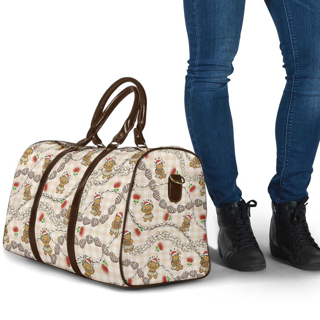 Beige Palaka Hawaii Mele Kalikimaka Travel Bag Ohia Lehua Shell Leis Funny Gingerbread Santa - Polynesian Pride