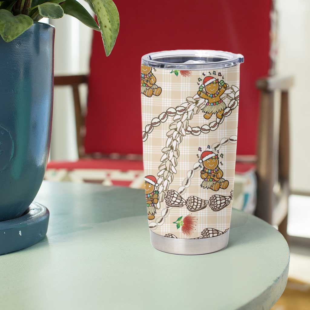 Beige Palaka Hawaii Mele Kalikimaka Tumbler Cup Ohia Lehua Shell Leis Funny Gingerbread Santa - Polynesian Pride