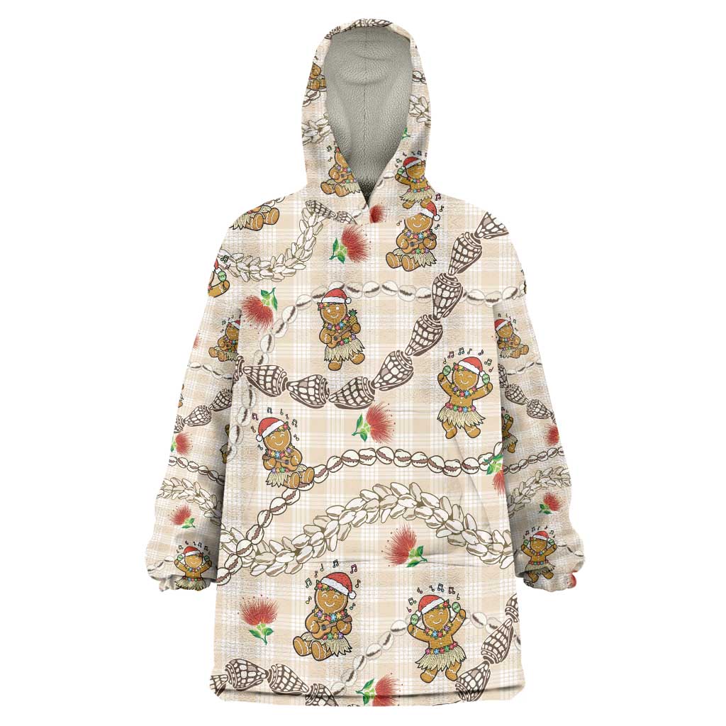 Beige Palaka Hawaii Mele Kalikimaka Wearable Blanket Hoodie Ohia Lehua Shell Leis Funny Gingerbread Santa LT14 One Size Beige - Polynesian Pride