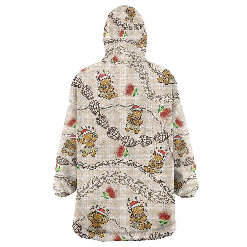 Beige Palaka Hawaii Mele Kalikimaka Wearable Blanket Hoodie Ohia Lehua Shell Leis Funny Gingerbread Santa - Polynesian Pride