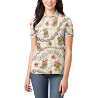 Beige Palaka Hawaii Mele Kalikimaka Women Polo Shirt Ohia Lehua Shell Leis Funny Gingerbread Santa - Polynesian Pride