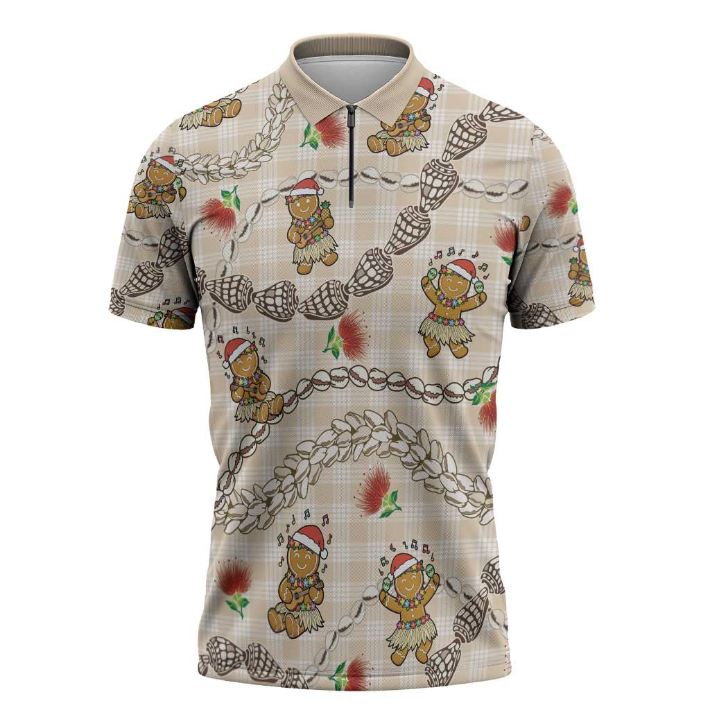Beige Palaka Hawaii Mele Kalikimaka Zipper Polo Shirt Ohia Lehua Shell Leis Funny Gingerbread Santa - Polynesian Pride