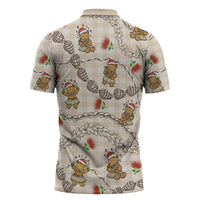 Beige Palaka Hawaii Mele Kalikimaka Zipper Polo Shirt Ohia Lehua Shell Leis Funny Gingerbread Santa - Polynesian Pride