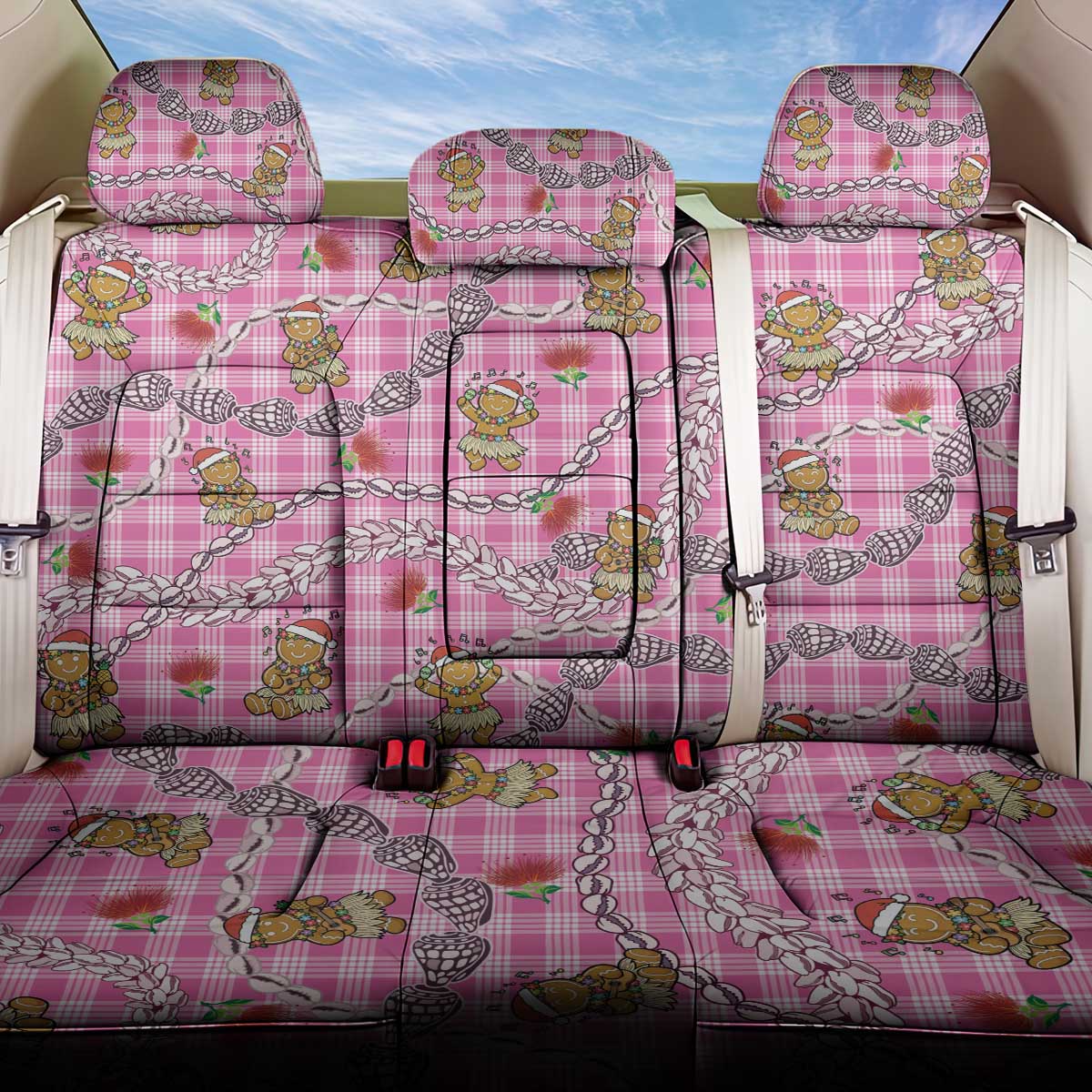 Pink Palaka Hawaii Mele Kalikimaka Back Car Seat Cover Ohia Lehua Shell Leis Funny Gingerbread Santa - Polynesian Pride