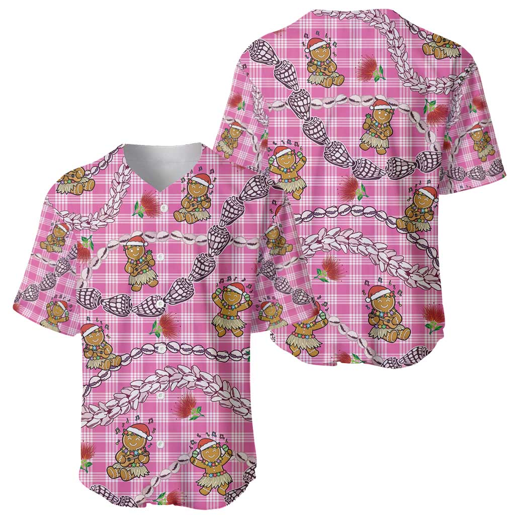 Pink Palaka Hawaii Mele Kalikimaka Baseball Jersey Ohia Lehua Shell Leis Funny Gingerbread Santa - Polynesian Pride