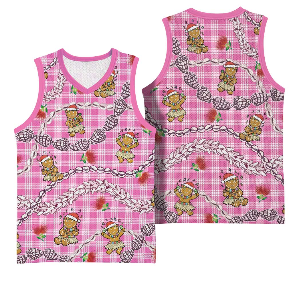 Pink Palaka Hawaii Mele Kalikimaka Basketball Jersey Ohia Lehua Shell Leis Funny Gingerbread Santa - Polynesian Pride