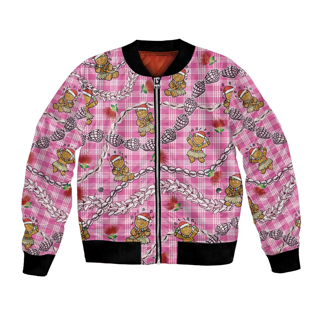 Pink Palaka Hawaii Mele Kalikimaka Bomber Jacket Ohia Lehua Shell Leis Funny Gingerbread Santa LT14 Unisex Pink - Polynesian Pride