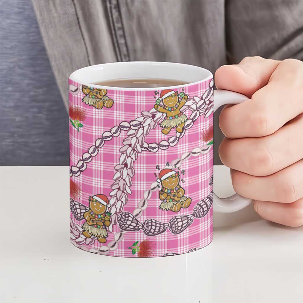 Pink Palaka Hawaii Mele Kalikimaka Ceramic Mug Ohia Lehua Shell Leis Funny Gingerbread Santa - Polynesian Pride