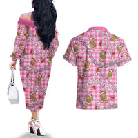 Pink Palaka Hawaii Mele Kalikimaka Couples Matching Off The Shoulder Long Sleeve Dress and Hawaiian Shirt Ohia Lehua Shell Leis Funny Gingerbread Santa - Polynesian Pride