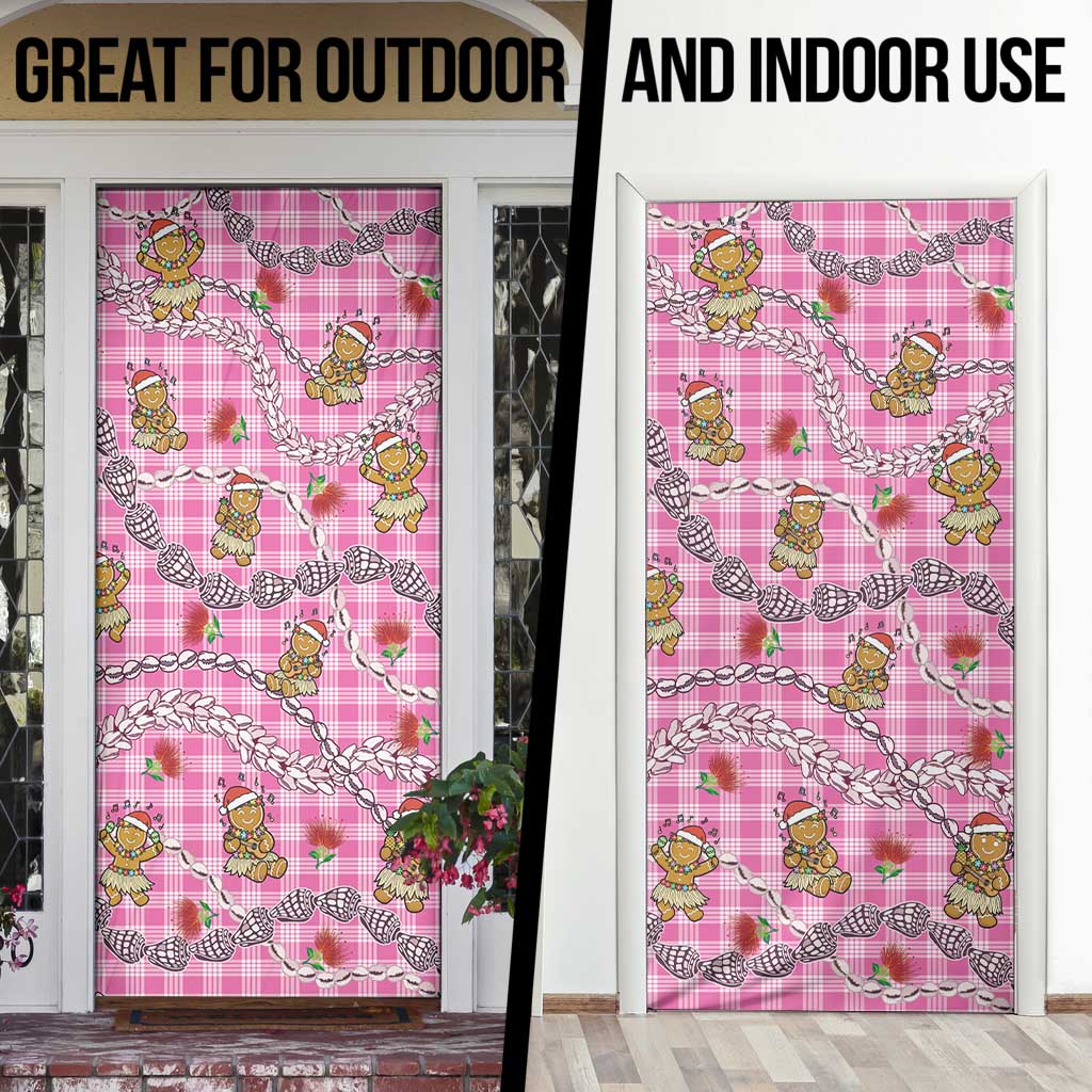 Pink Palaka Hawaii Mele Kalikimaka Door Cover Ohia Lehua Shell Leis Funny Gingerbread Santa - Polynesian Pride
