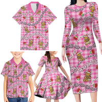 Pink Palaka Hawaii Mele Kalikimaka Family Matching Long Sleeve Bodycon Dress and Hawaiian Shirt Ohia Lehua Shell Leis Funny Gingerbread Santa - Polynesian Pride