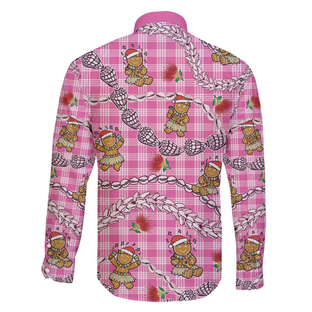 Pink Palaka Hawaii Mele Kalikimaka Family Matching Long Sleeve Bodycon Dress and Hawaiian Shirt Ohia Lehua Shell Leis Funny Gingerbread Santa - Polynesian Pride