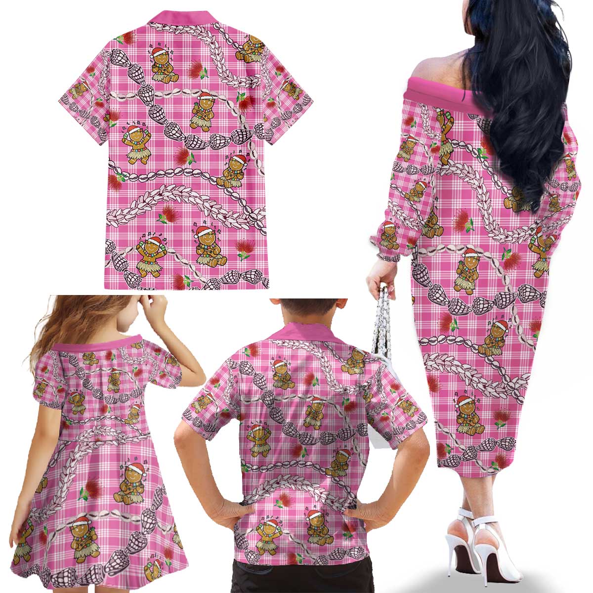 Pink Palaka Hawaii Mele Kalikimaka Family Matching Off The Shoulder Long Sleeve Dress and Hawaiian Shirt Ohia Lehua Shell Leis Funny Gingerbread Santa - Polynesian Pride