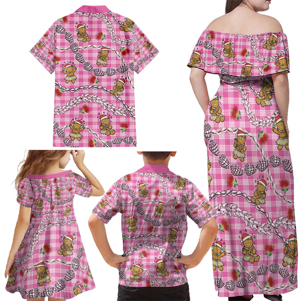Pink Palaka Hawaii Mele Kalikimaka Family Matching Off Shoulder Maxi Dress and Hawaiian Shirt Ohia Lehua Shell Leis Funny Gingerbread Santa - Polynesian Pride