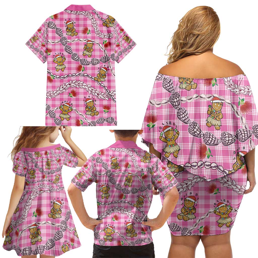 Pink Palaka Hawaii Mele Kalikimaka Family Matching Off Shoulder Short Dress and Hawaiian Shirt Ohia Lehua Shell Leis Funny Gingerbread Santa - Polynesian Pride