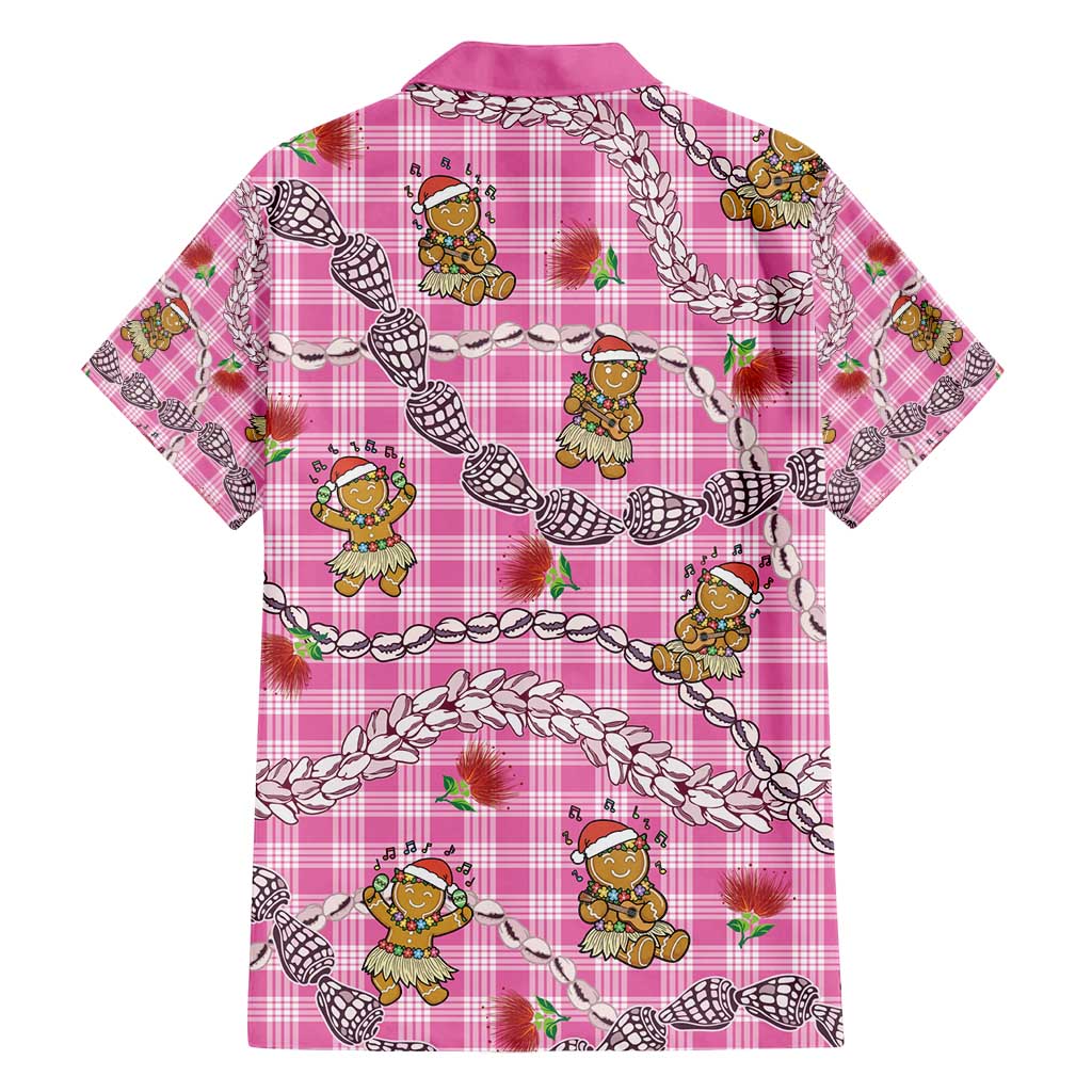 Pink Palaka Hawaii Mele Kalikimaka Family Matching Off Shoulder Short Dress and Hawaiian Shirt Ohia Lehua Shell Leis Funny Gingerbread Santa - Polynesian Pride
