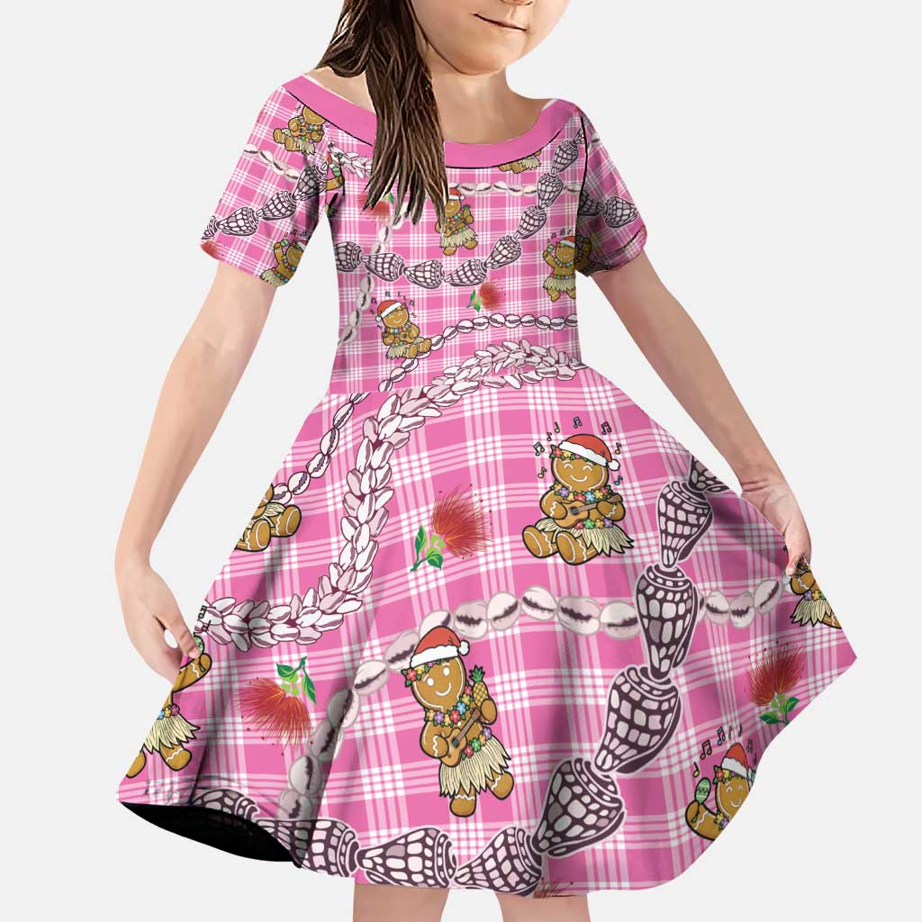 Pink Palaka Hawaii Mele Kalikimaka Family Matching Puletasi and Hawaiian Shirt Ohia Lehua Shell Leis Funny Gingerbread Santa LT14 Daughter's Dress Pink - Polynesian Pride