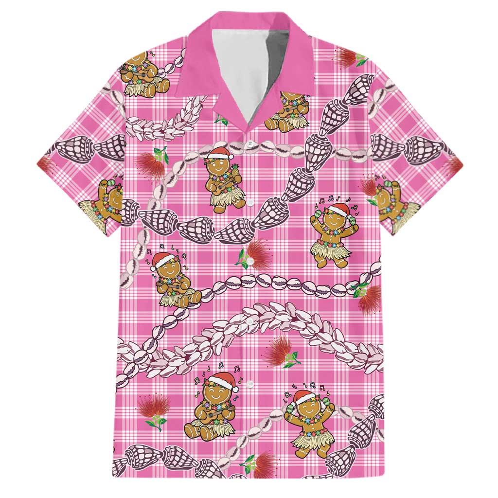 Pink Palaka Hawaii Mele Kalikimaka Family Matching Puletasi and Hawaiian Shirt Ohia Lehua Shell Leis Funny Gingerbread Santa LT14 Dad's Shirt - Short Sleeve Pink - Polynesian Pride