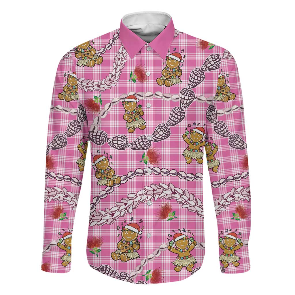 Pink Palaka Hawaii Mele Kalikimaka Family Matching Puletasi and Hawaiian Shirt Ohia Lehua Shell Leis Funny Gingerbread Santa LT14 Dad's Shirt - Long Sleeve Pink - Polynesian Pride