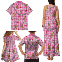 Pink Palaka Hawaii Mele Kalikimaka Family Matching Tank Maxi Dress and Hawaiian Shirt Ohia Lehua Shell Leis Funny Gingerbread Santa - Polynesian Pride