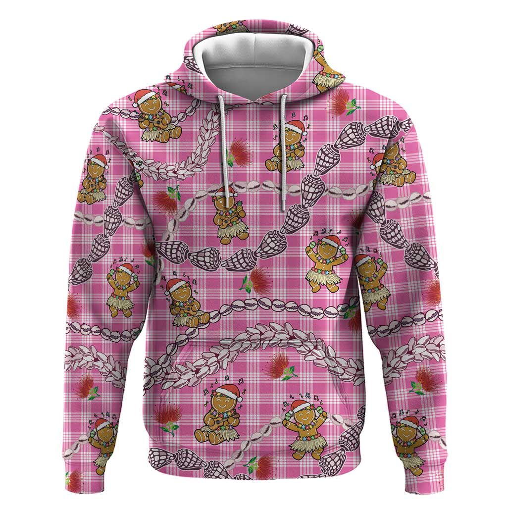 Pink Palaka Hawaii Mele Kalikimaka Hoodie Ohia Lehua Shell Leis Funny Gingerbread Santa - Polynesian Pride