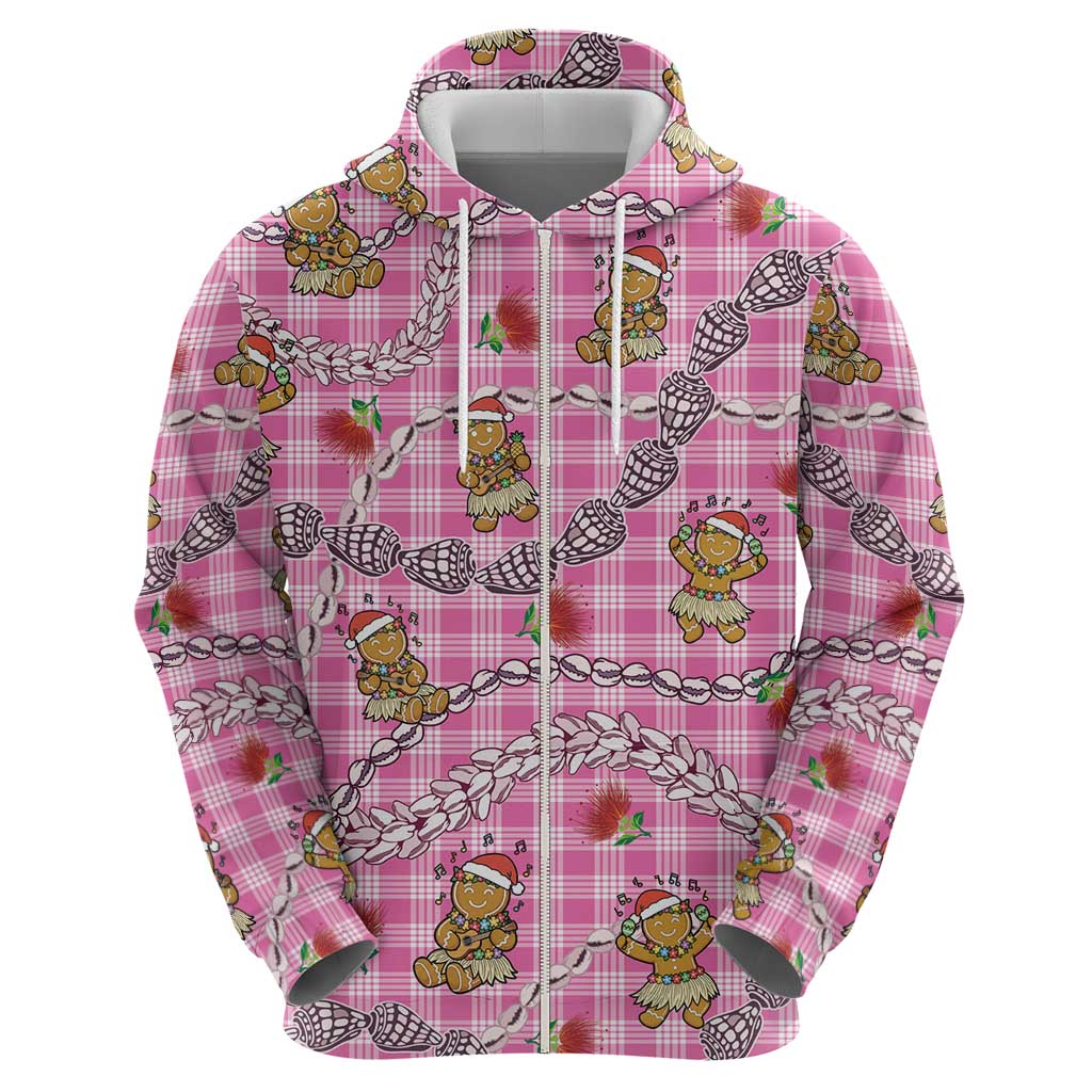 Pink Palaka Hawaii Mele Kalikimaka Hoodie Ohia Lehua Shell Leis Funny Gingerbread Santa - Polynesian Pride