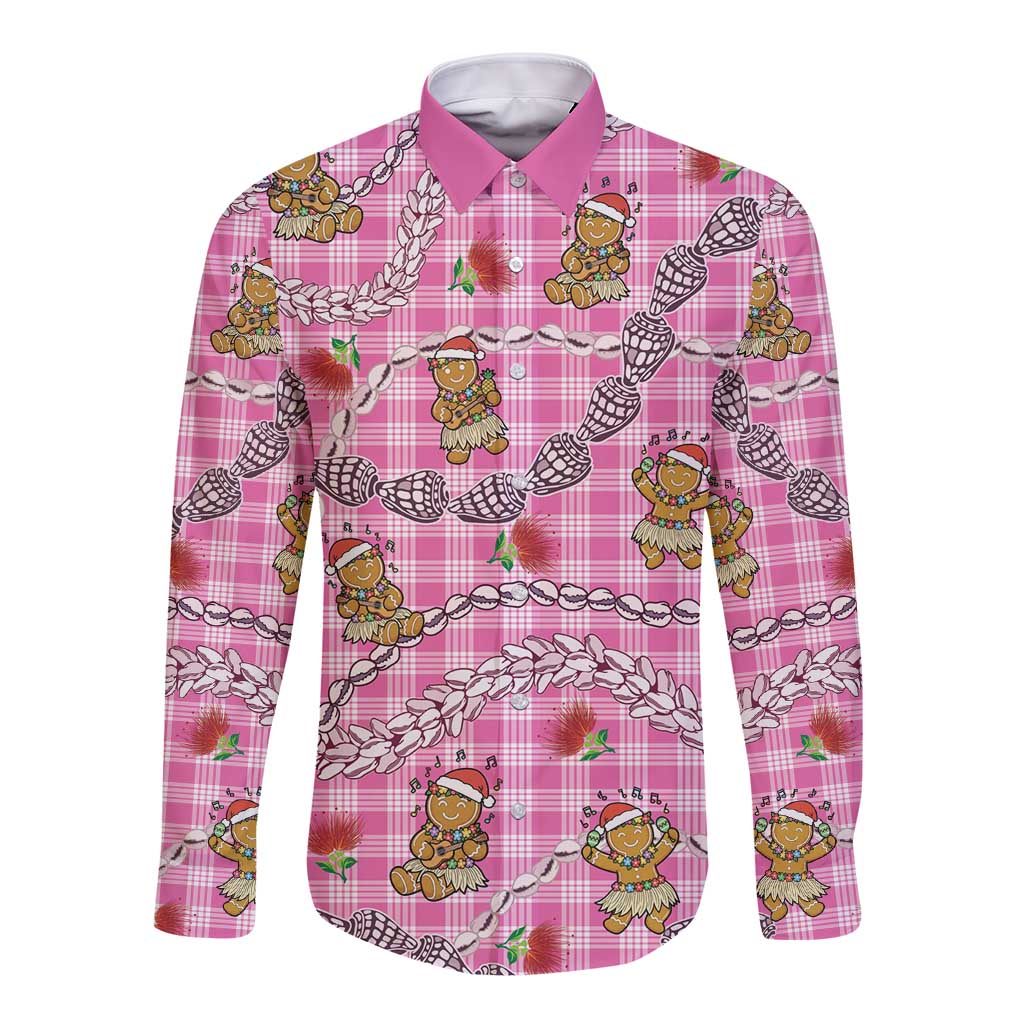 Pink Palaka Hawaii Mele Kalikimaka Long Sleeve Button Shirt Ohia Lehua Shell Leis Funny Gingerbread Santa LT14 Unisex Pink - Polynesian Pride