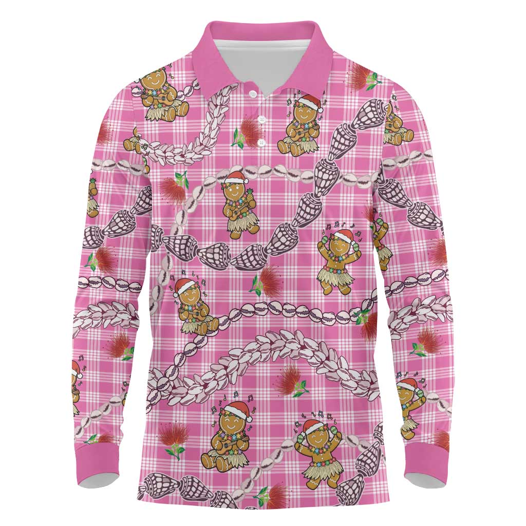 Pink Palaka Hawaii Mele Kalikimaka Long Sleeve Polo Shirt Ohia Lehua Shell Leis Funny Gingerbread Santa - Polynesian Pride