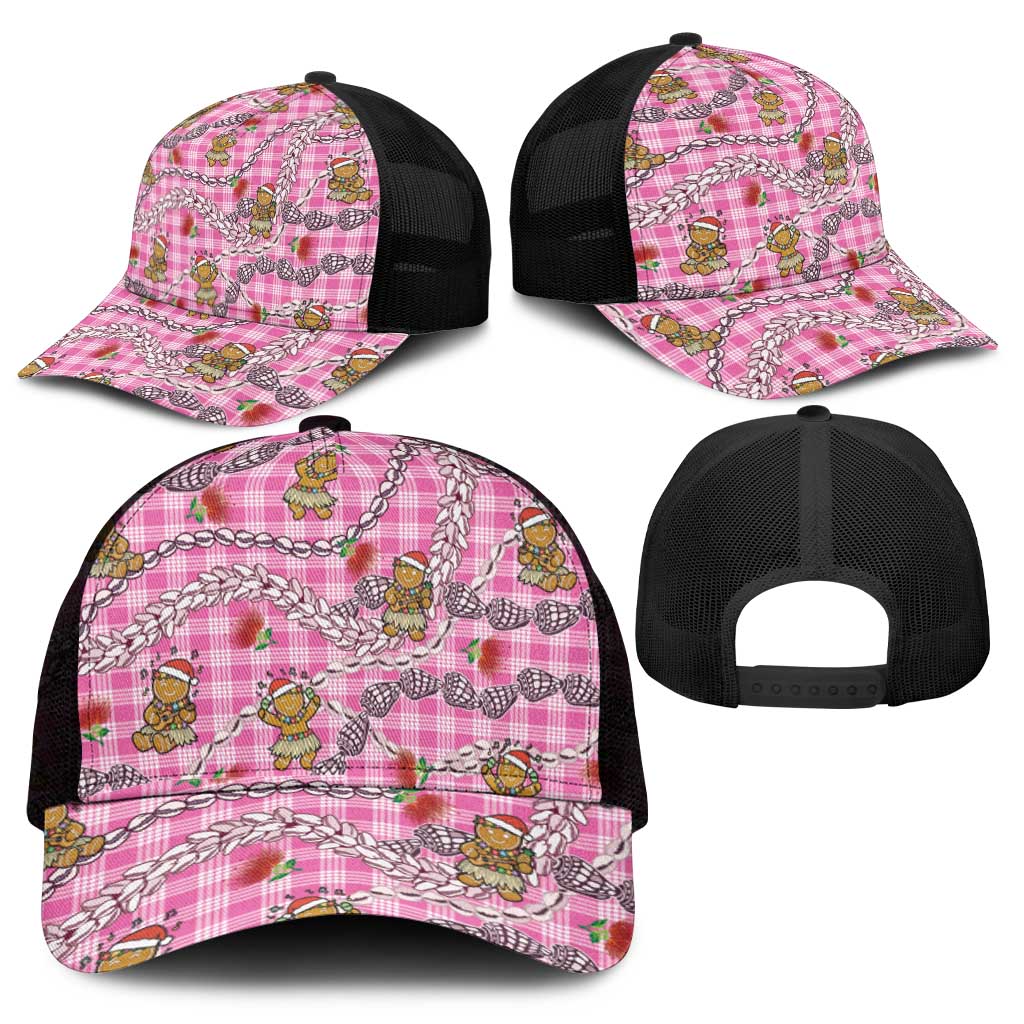 Pink Palaka Hawaii Mele Kalikimaka Mesh Trucker Cap Ohia Lehua Shell Leis Funny Gingerbread Santa - Polynesian Pride