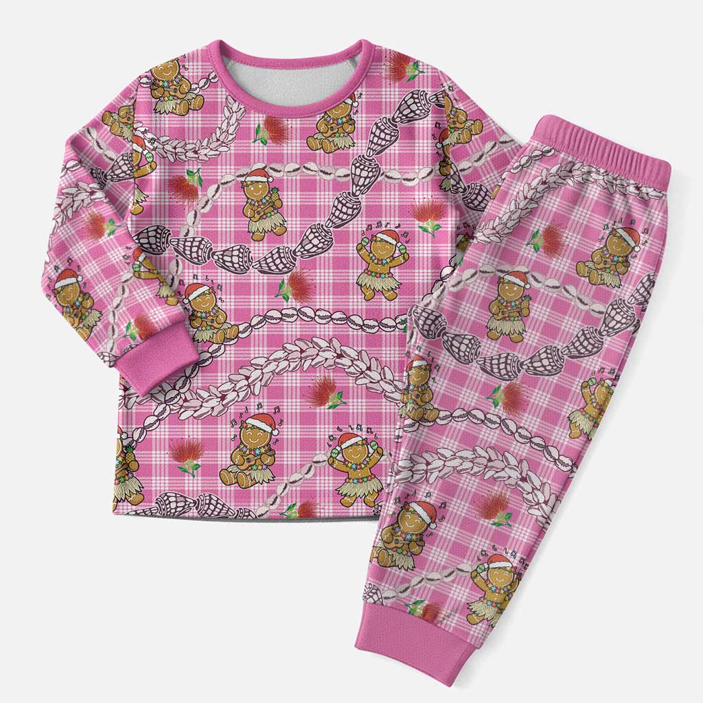 Pink Palaka Hawaii Mele Kalikimaka Christmas Pajama Set Ohia Lehua Shell Leis Funny Gingerbread Santa - Polynesian Pride
