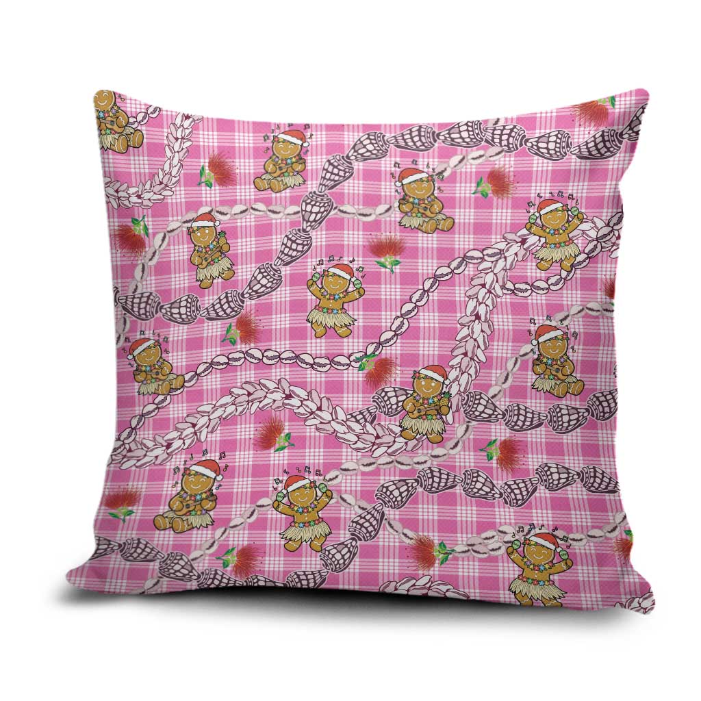 Pink Palaka Hawaii Mele Kalikimaka Pillow Cover Ohia Lehua Shell Leis Funny Gingerbread Santa - Polynesian Pride