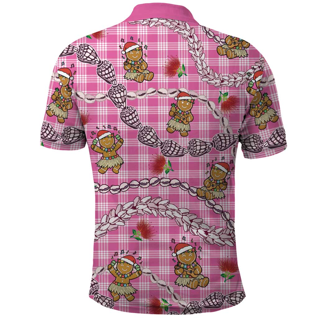 Pink Palaka Hawaii Mele Kalikimaka Polo Shirt Ohia Lehua Shell Leis Funny Gingerbread Santa - Polynesian Pride