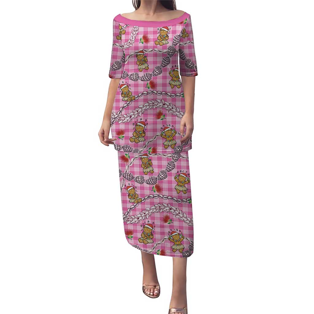 Pink Palaka Hawaii Mele Kalikimaka Puletasi Ohia Lehua Shell Leis Funny Gingerbread Santa LT14 Long Dress Pink - Polynesian Pride