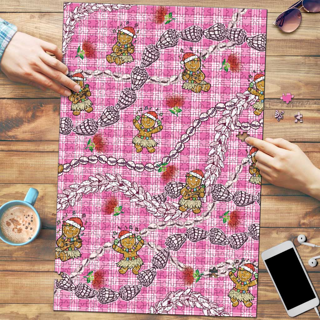 Pink Palaka Hawaii Mele Kalikimaka Puzzle Ohia Lehua Shell Leis Funny Gingerbread Santa - Polynesian Pride