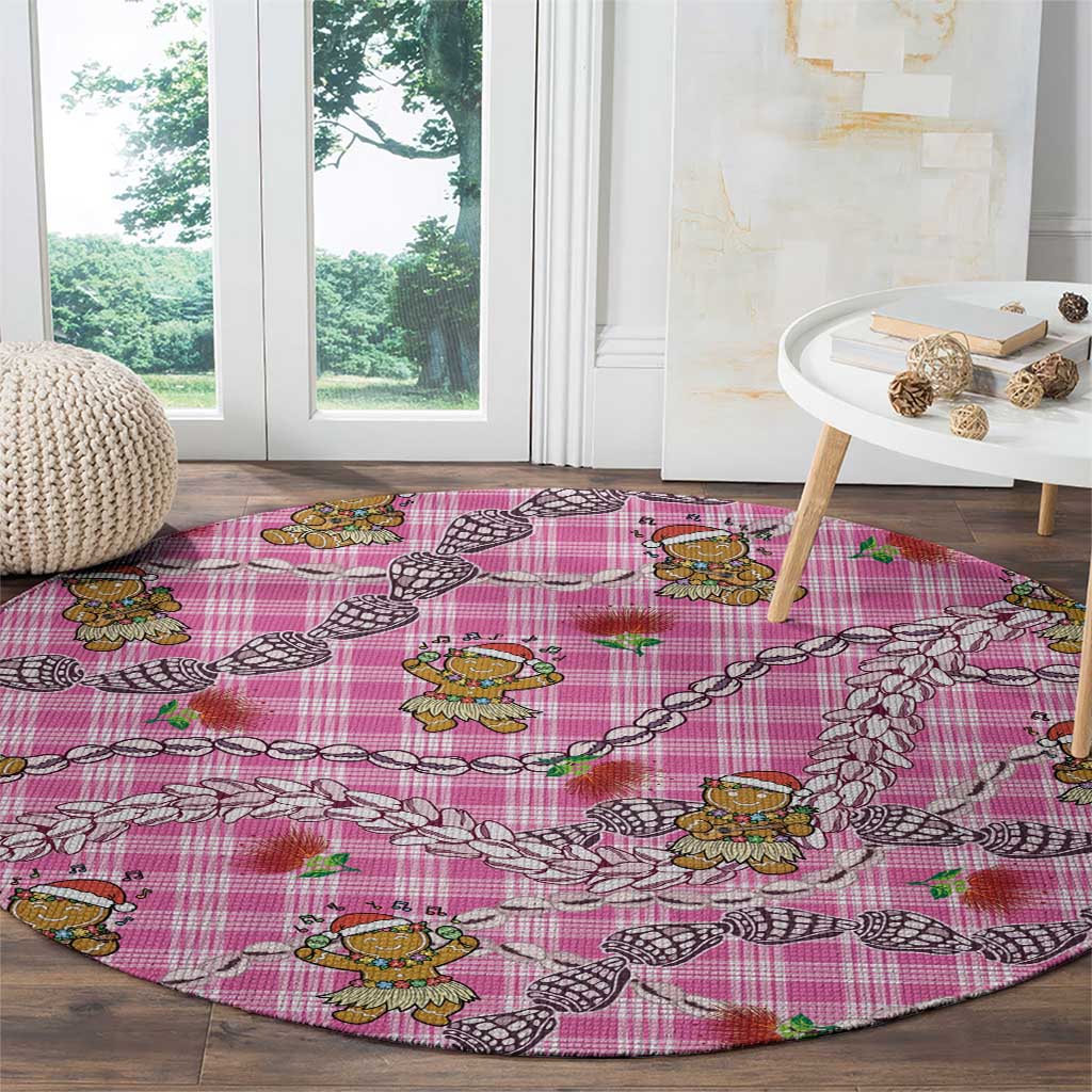 Pink Palaka Hawaii Mele Kalikimaka Round Carpet Ohia Lehua Shell Leis Funny Gingerbread Santa - Polynesian Pride