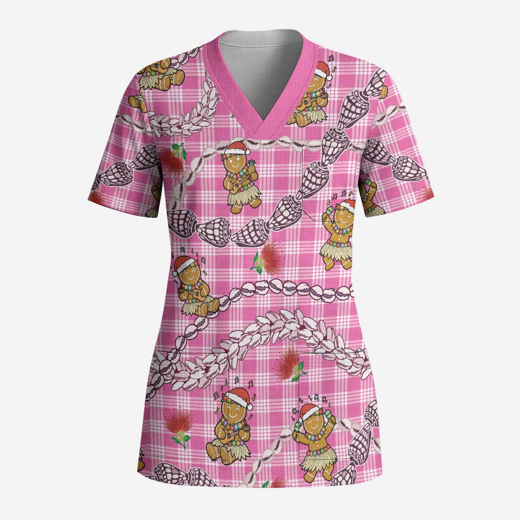 Pink Palaka Hawaii Mele Kalikimaka Scrub Top Ohia Lehua Shell Leis Funny Gingerbread Santa LT14 Adult Pink - Polynesian Pride