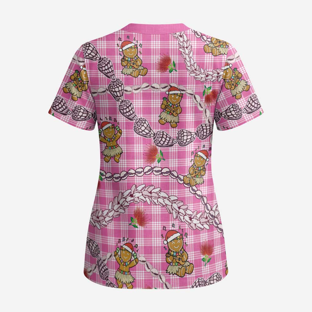 Pink Palaka Hawaii Mele Kalikimaka Scrub Top Ohia Lehua Shell Leis Funny Gingerbread Santa - Polynesian Pride