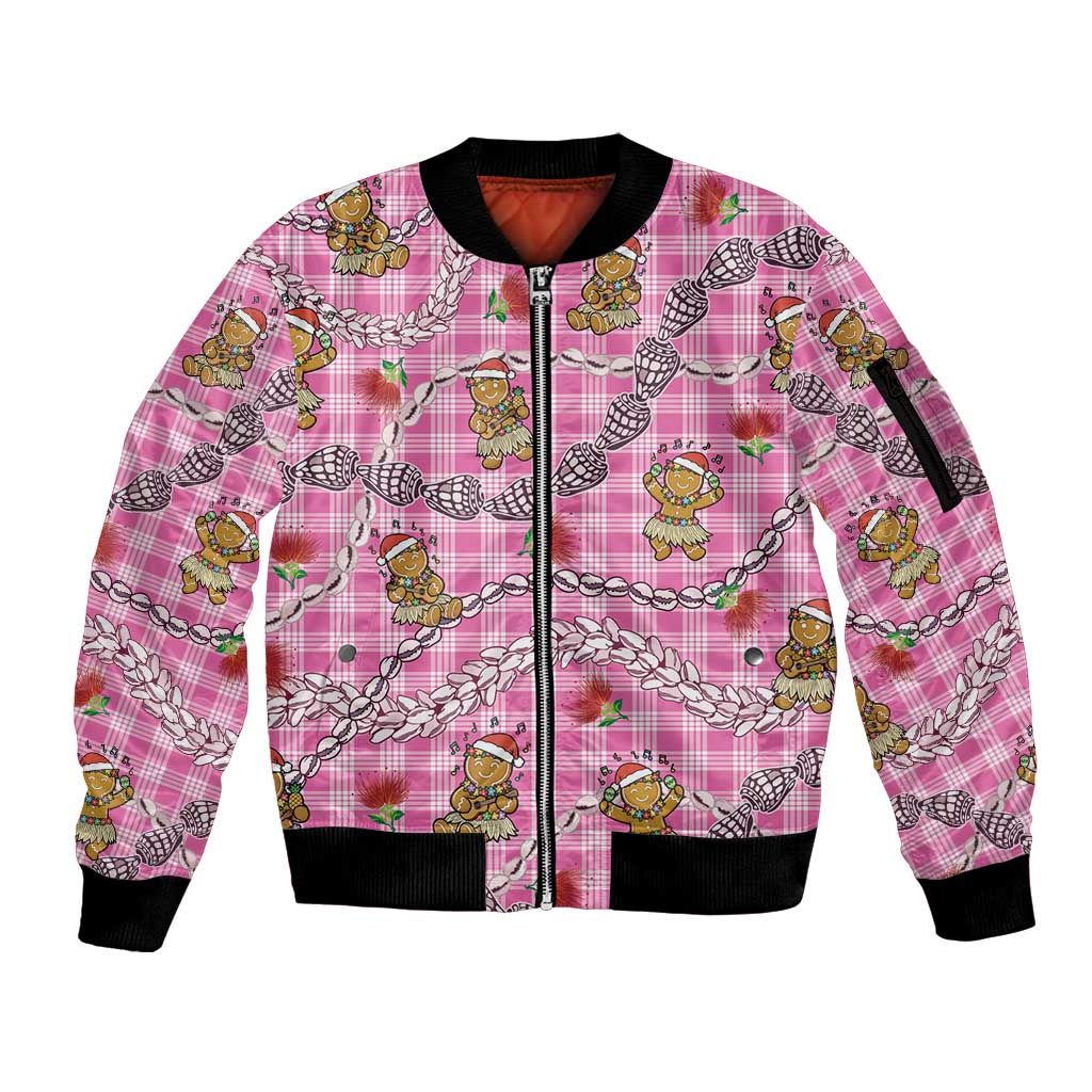 Pink Palaka Hawaii Mele Kalikimaka Sleeve Zip Bomber Jacket Ohia Lehua Shell Leis Funny Gingerbread Santa LT14 Unisex Pink - Polynesian Pride