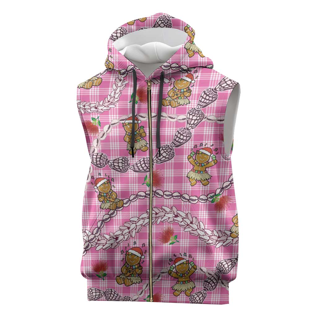 Pink Palaka Hawaii Mele Kalikimaka Sleeveless Zip Hoodie Ohia Lehua Shell Leis Funny Gingerbread Santa - Polynesian Pride